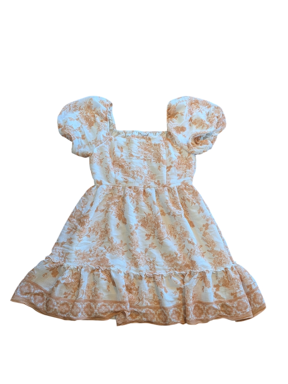 Cream Dress with Tan Floral Toile and Puff Sleeves